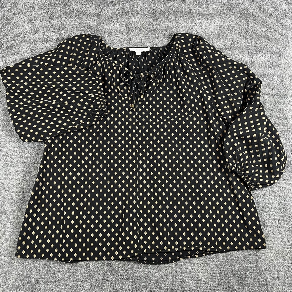 Chicos Black Gold Print Peasant Blouse Tie Neck Balloon Sleeve Top Size 1 M